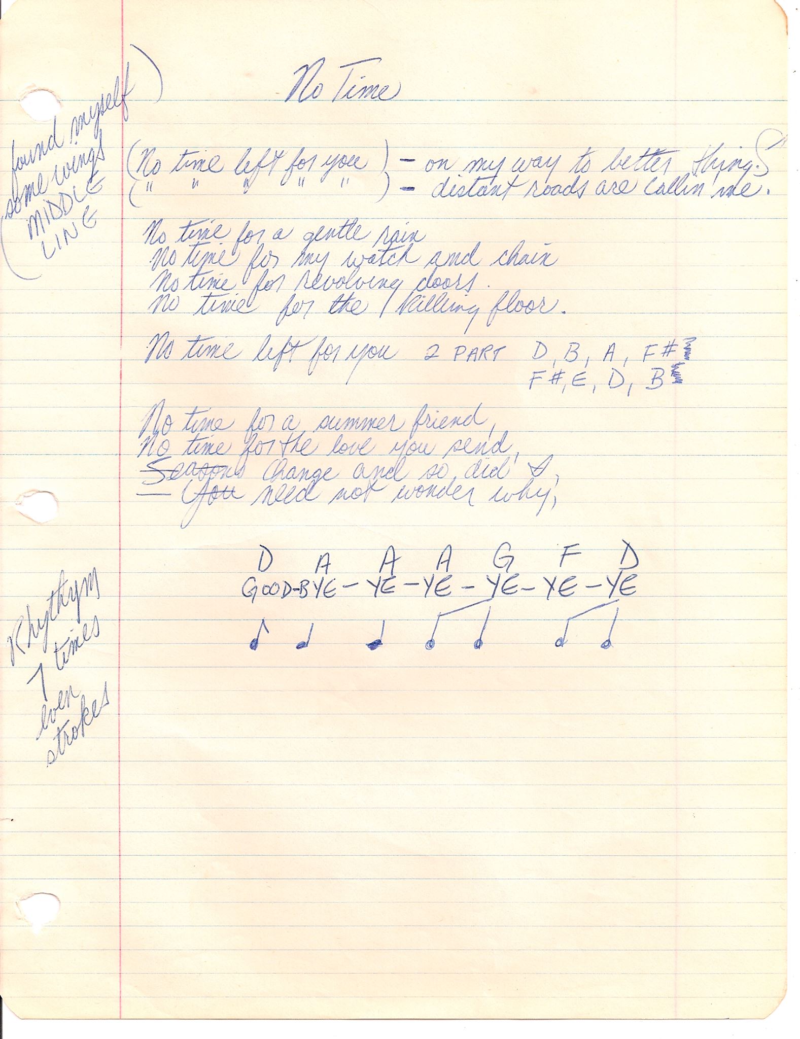 Original Handwritten Lyrics to No Time